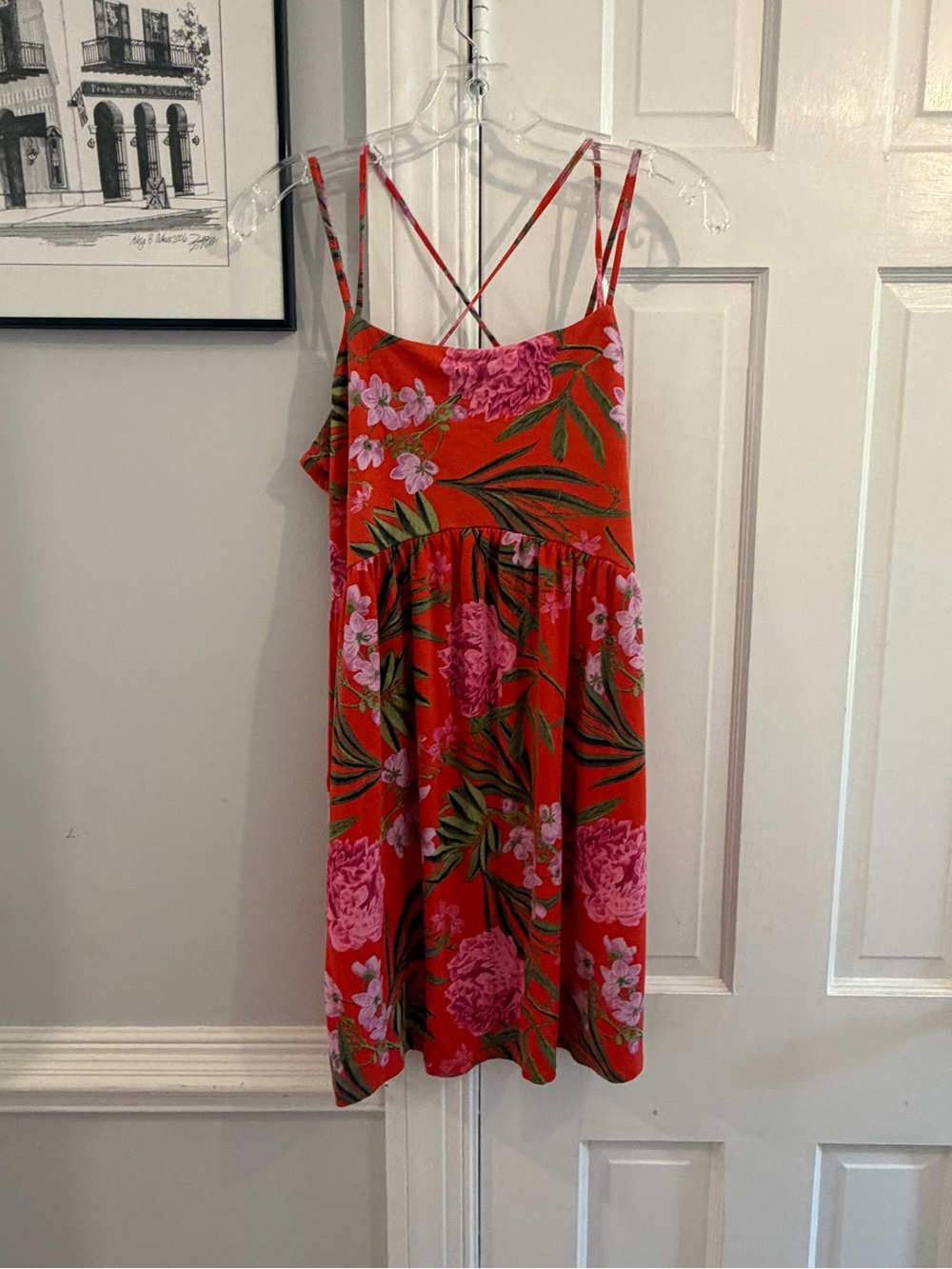 Old Navy Red Floral Tank with Green Leaf Print